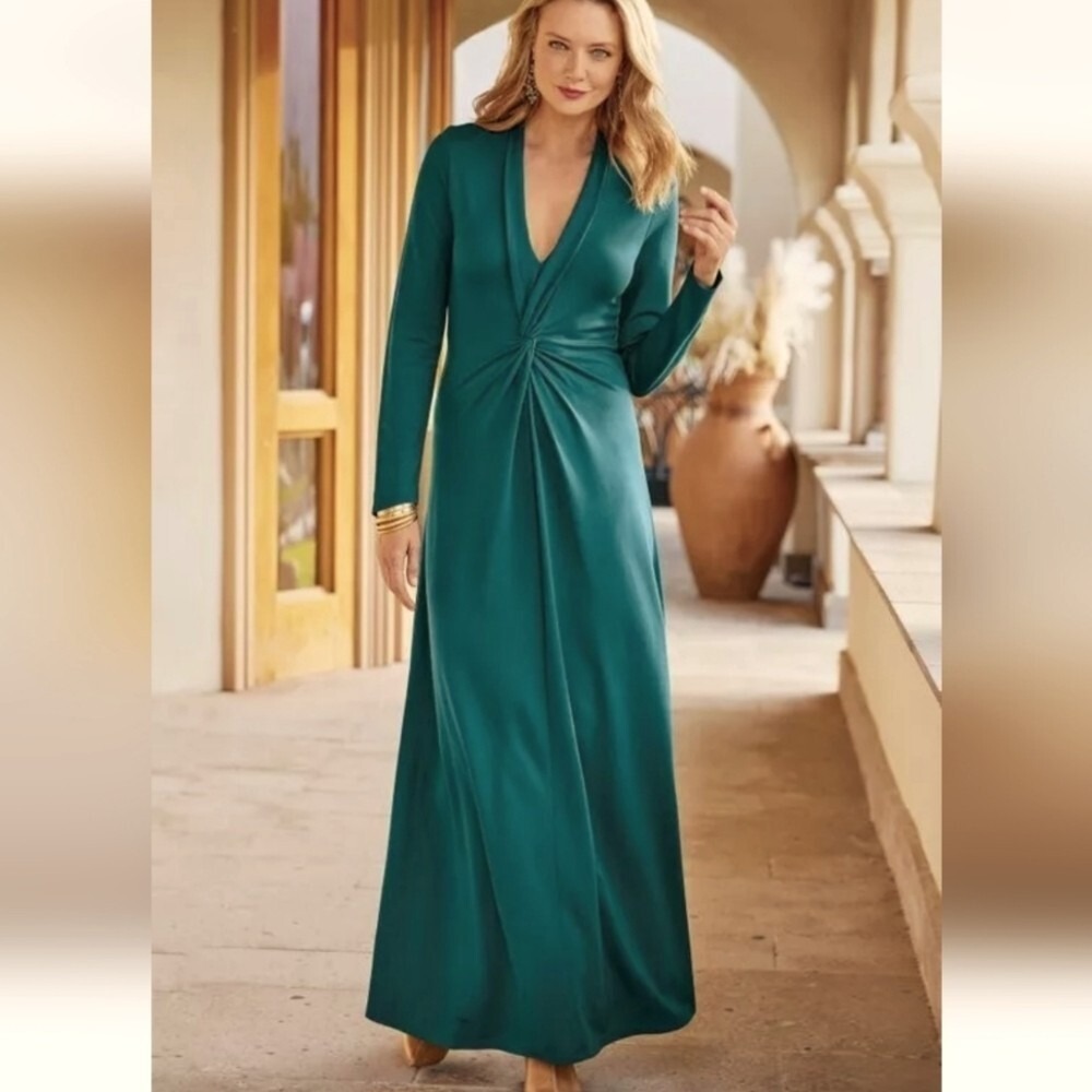 Soft Surroundings Women's L Lagia Maxi Dress Teal Green V-Neck Lagenlook Holiday